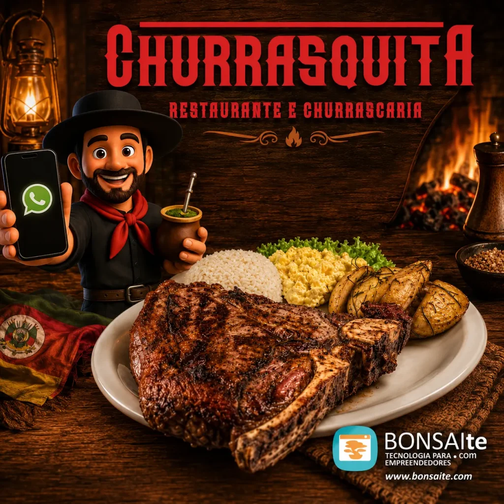 Imagem institucional da Churrasquita mostrando a identidade da churrascaria, pratos da casa, o assistente virtual TchêBot e a participação da BONSAIte na estrutura tecnológica e digital.