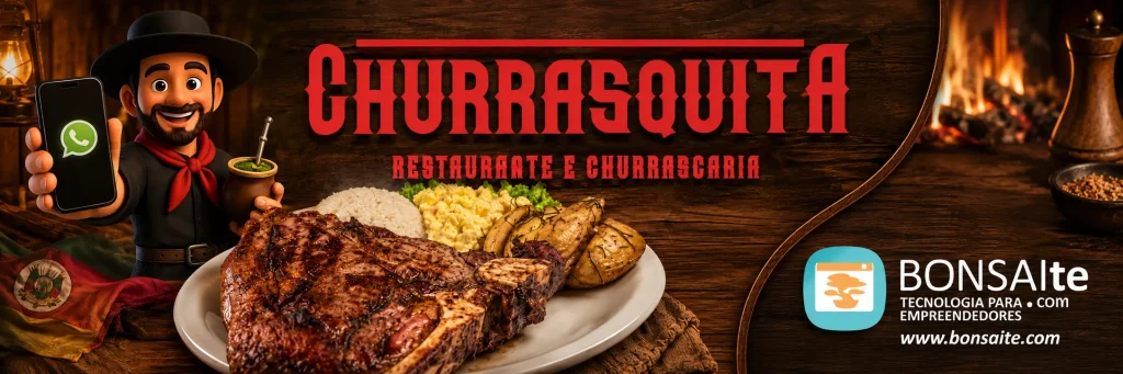 Marketing digital da Churrasquita com identidade visual, gastronomia gaúcha, TchêBot e tecnologia BONSAIte