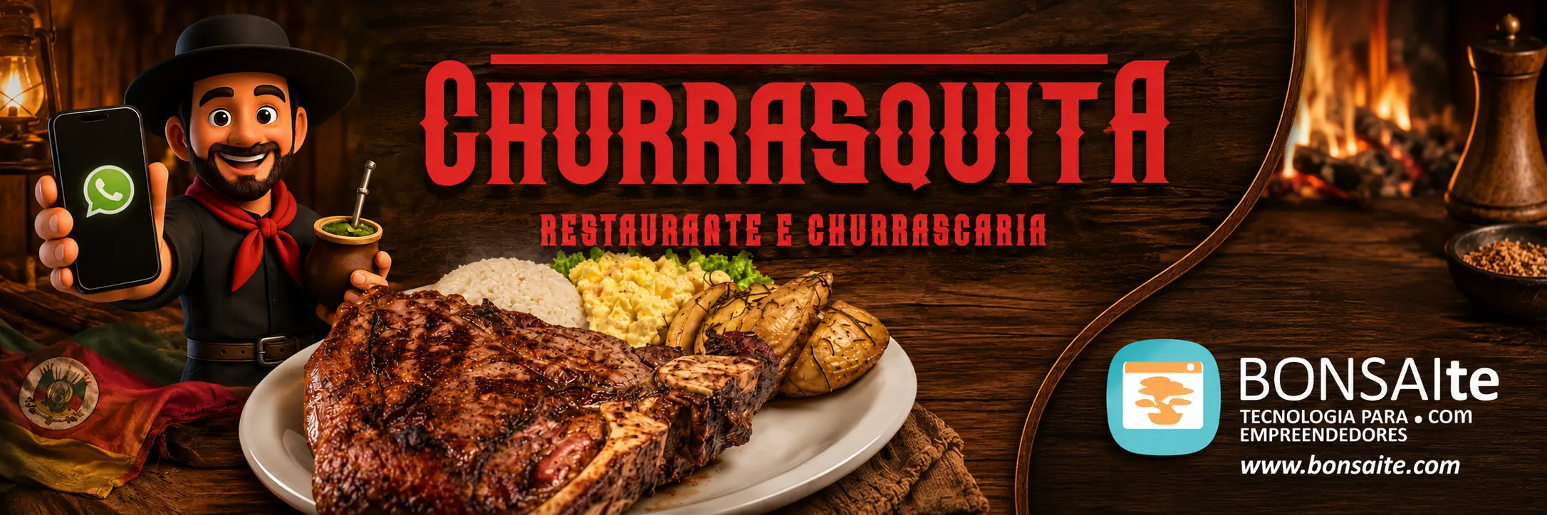 Marketing digital da Churrasquita com identidade visual, gastronomia gaúcha, TchêBot e tecnologia BONSAIte